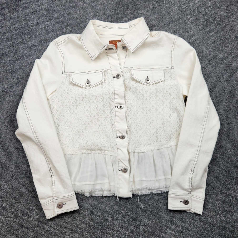 Scully Denim Jacket Womens Large White‎ Lace Ruffle Peplum Button Front Short